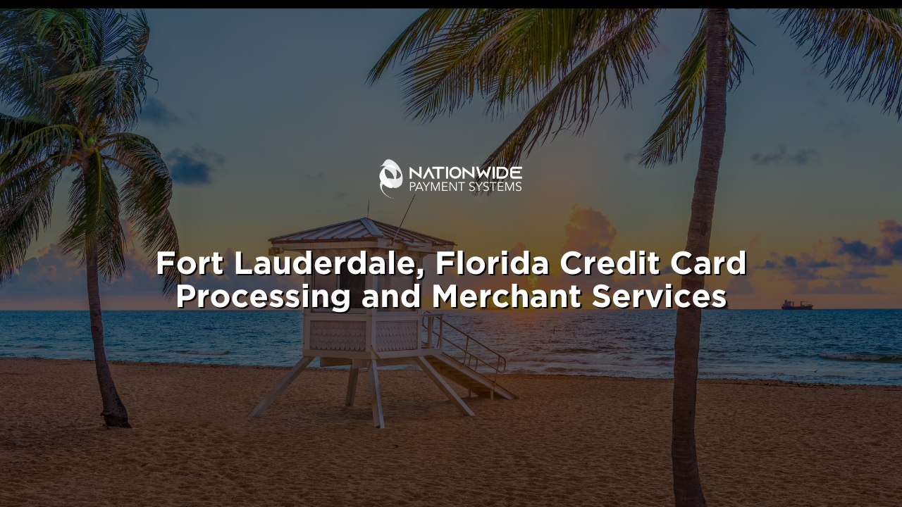 A scenic view of Fort Lauderdale, Florida, featuring a sunlit beach with golden sand and gentle waves in the background. The text overlay reads 'Fort Lauderdale, Florida, credit card processing and merchant services,' highlighting professional services while capturing the charm of the coastal location.