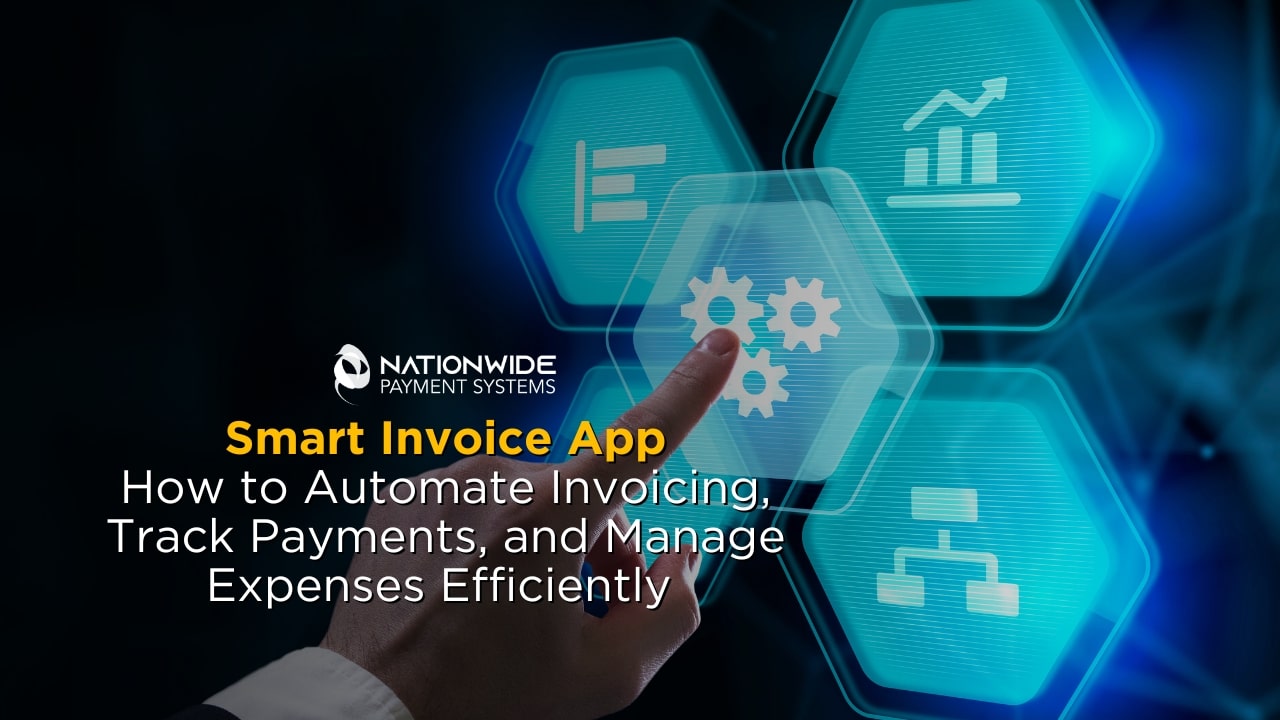 Smart invoice app interface with finger touching automation settings, featuring gears and financial icons, highlighting benefits of invoicing, payment tracking, and expense management for freelancers and small businesses.