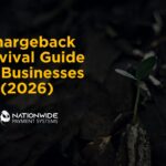 A high-contrast banner featuring a small green sprout emerging from dark soil and dried leaves, symbolizing resilience. Bold yellow text on the left reads "Chargeback Survival Guide for Businesses (2026)" with the Nationwide Payment Systems logo positioned underneath.