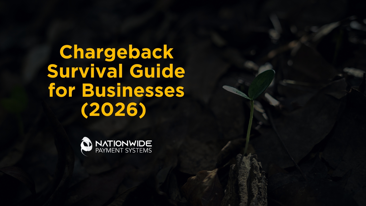 A high-contrast banner featuring a small green sprout emerging from dark soil and dried leaves, symbolizing resilience. Bold yellow text on the left reads "Chargeback Survival Guide for Businesses (2026)" with the Nationwide Payment Systems logo positioned underneath.