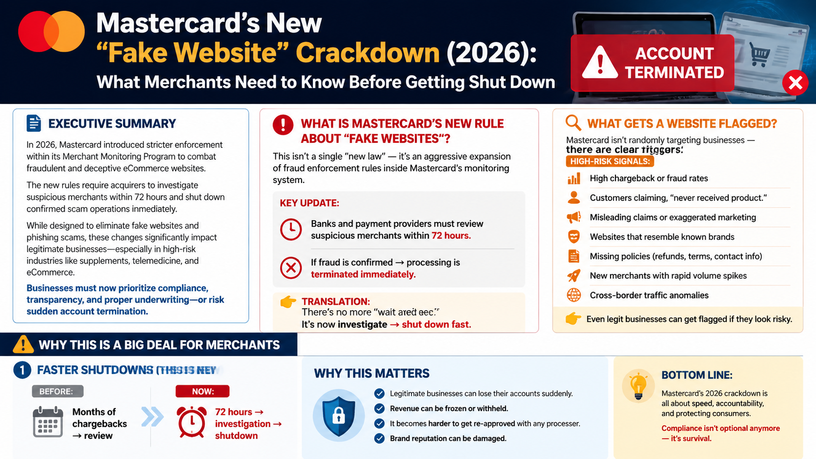 A detailed infographic regarding Mastercard’s 2026 crackdown on "fake websites" and deceptive eCommerce practices. The graphic includes sections for an Executive Summary, clear triggers for being flagged (such as high chargeback rates or missing policies), and a comparison showing how investigation times have shifted from months to just 72 hours. An "Account Terminated" warning graphic is visible in the top right corner.