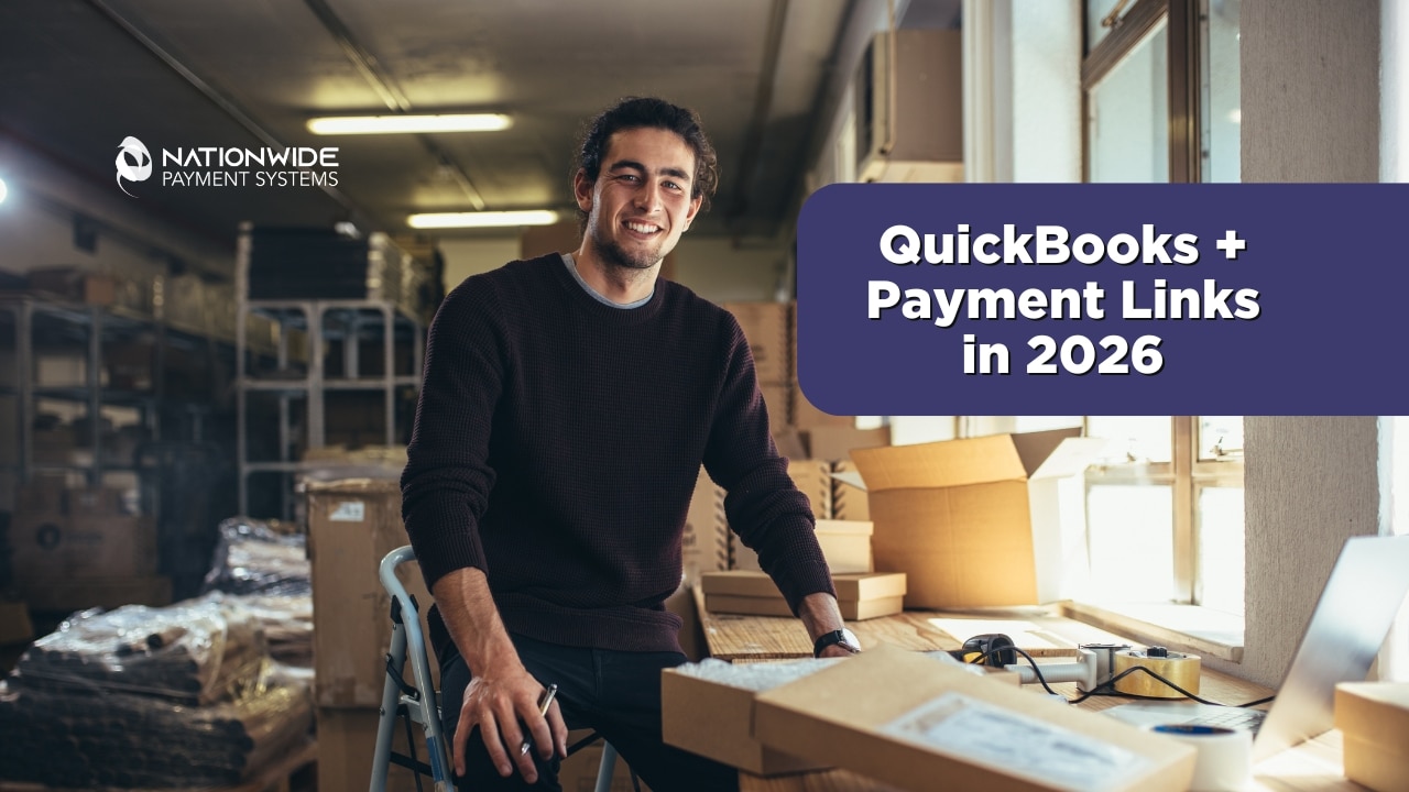 A person using a smartphone to make a contactless payment at a retail checkout counter. The image features a bold white text overlay: "The Complete Guide to Merchant Services and Payment Technology for Businesses (2026)" and includes the Nationwide Payment Systems logo in the bottom left. Caption