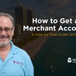 A professional presentation graphic featuring Allen Kopelman on the left wearing a light blue Nationwide Payment Systems polo shirt. The background is a scenic aerial shot of a Florida coastline with high-rise buildings and blue ocean waters. Bold white text on the right reads "How to Get a Merchant Account," with a gold subtitle "A Step-by-Step Guide (2026)" and the corporate logo in the bottom right corner.