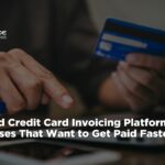 A close-up view of a business professional's hands using a laptop keyboard on a wooden desk while holding a blue credit card. A smartphone sits nearby in the foreground. A dark blue lower-third banner features white text reading "ACH and Credit Card Invoicing Platform for Businesses That Want to Get Paid Faster" with a "Tuesday Series" tag and the Nationwide Payment Systems logo in the top left corner.
