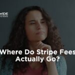 A woman with curly hair looking thoughtful and slightly confused with her hand on her chin. Bold white text overlays the image asking, "Where Do Stripe Fees Actually Go?" with the Nationwide Payment Systems logo in the top left corner.