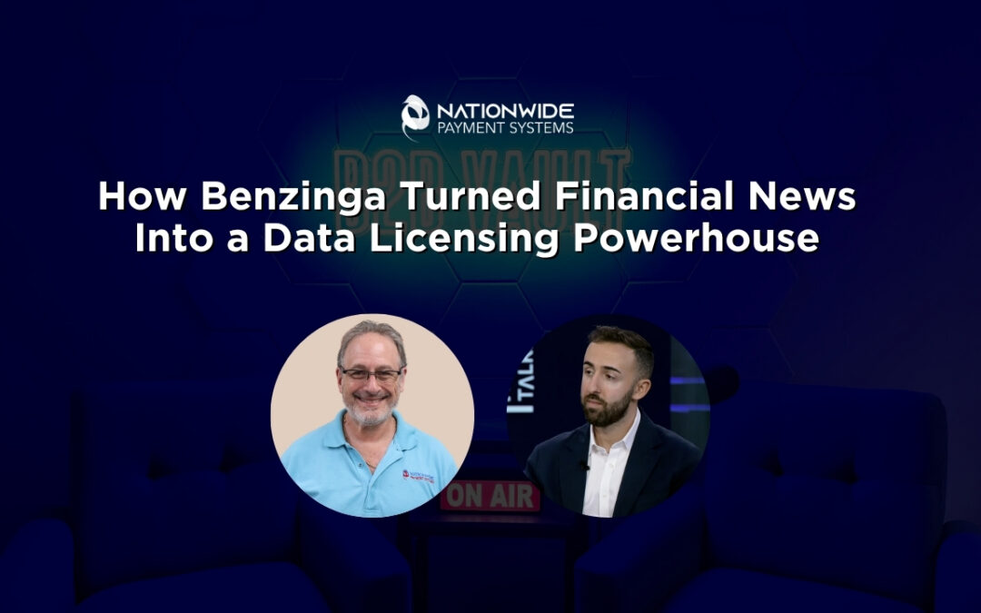A professional presentation slide titled "How Benzinga Turned Financial News Into a Data Licensing Powerhouse" with the Nationwide Payment Systems logo at the top center. The graphic features circular headshots of Allen Kopelman on the left and Luke Jacobi, COO of Benzinga, on the right. The background shows a dark blue broadcast studio setting with a lit "ON AIR" sign.