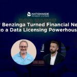 A professional presentation slide titled "How Benzinga Turned Financial News Into a Data Licensing Powerhouse" with the Nationwide Payment Systems logo at the top center. The graphic features circular headshots of Allen Kopelman on the left and Luke Jacobi, COO of Benzinga, on the right. The background shows a dark blue broadcast studio setting with a lit "ON AIR" sign.