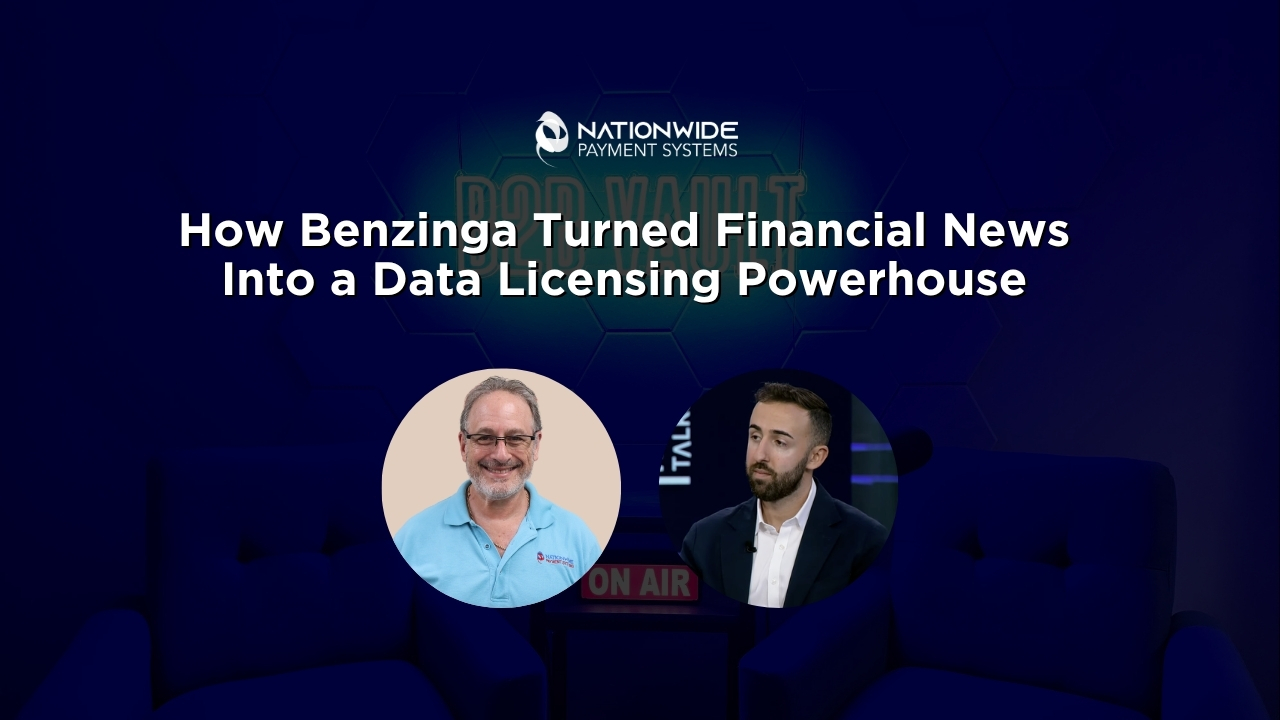 A professional presentation slide titled "How Benzinga Turned Financial News Into a Data Licensing Powerhouse" with the Nationwide Payment Systems logo at the top center. The graphic features circular headshots of Allen Kopelman on the left and Luke Jacobi, COO of Benzinga, on the right. The background shows a dark blue broadcast studio setting with a lit "ON AIR" sign.