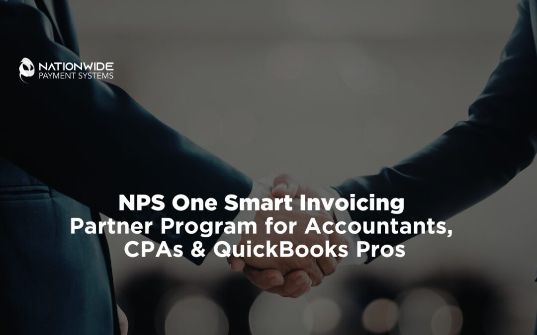 A high-quality graphic showing an accountant working on a laptop with the NPS One dashboard open. Superimposed text reads: "Accountant & CPA Referral Program: Earn 20% Residual Income with NPS One Smart Invoicing." The Nationwide Payment Systems logo is in the top right.