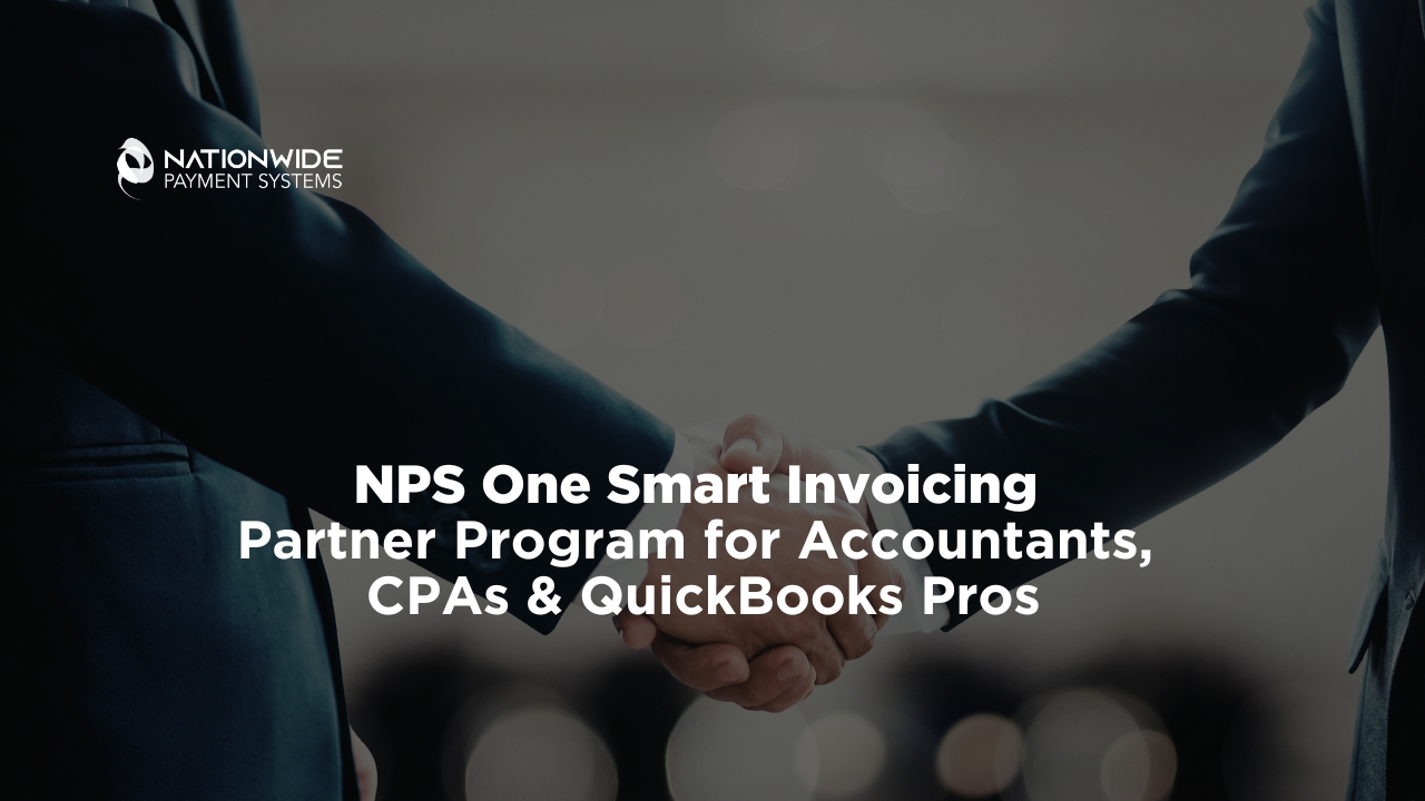A high-quality graphic showing an accountant working on a laptop with the NPS One dashboard open. Superimposed text reads: "Accountant & CPA Referral Program: Earn 20% Residual Income with NPS One Smart Invoicing." The Nationwide Payment Systems logo is in the top right.