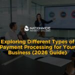 A professional corporate boardroom meeting where a woman is standing and presenting a market share chart on a large television display to a group of executives seated around a conference table. Bold yellow text overlays the image reading "Exploring Different Types of Payment Processing for Your Business (2026 Guide)," with the Nationwide Payment Systems logo centered directly above the text.