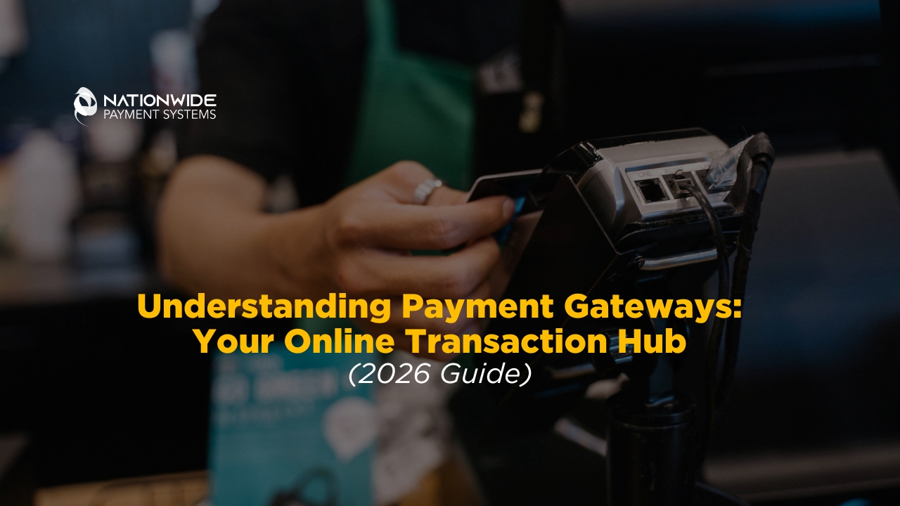 A close-up action shot of a customer's hand inserting a credit card into a sleek black point-of-sale terminal to complete a purchase. Bold yellow text overlays the lower center reading "Understanding Payment Gateways: Your Online Transaction Hub (2026 Guide)," with the Nationwide Payment Systems logo anchored neatly in the top left corner.