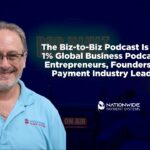 A professional graphic featuring Allen Kopelman, host of B2B Vault, smiling in the foreground. Text overlays a dark blue studio background stating, "The Biz-to-Biz Podcast Is a Top 1% Global Business Podcast for Entrepreneurs, Founders, and Payment Industry Leaders."