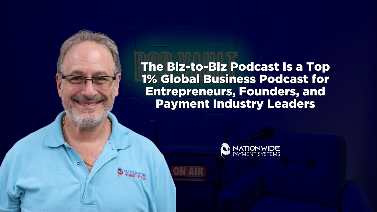 A professional graphic featuring Allen Kopelman, host of B2B Vault, smiling in the foreground. Text overlays a dark blue studio background stating, "The Biz-to-Biz Podcast Is a Top 1% Global Business Podcast for Entrepreneurs, Founders, and Payment Industry Leaders."