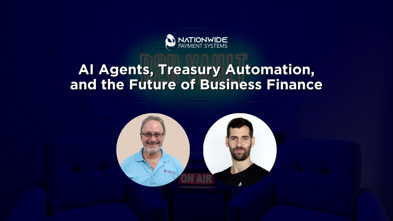A B2B Vault podcast graphic titled "AI Agents, Treasury Automation, and the Future of Business Finance." It features circular headshots of host Allen Kopelman and a fintech guest in a blue studio setting with an "ON AIR" sign.