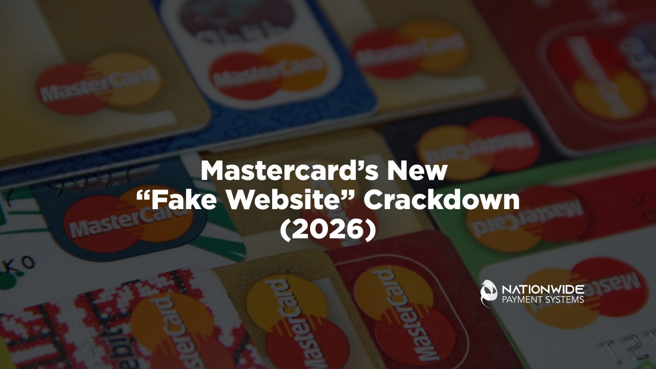 A close-up, top-down view of multiple red, gold, blue, and green Mastercard credit and debit cards layered on top of each other. Overlaid bold white text in the center reads "Mastercard's New 'Fake Website' Crackdown (2026)," with the white Nationwide Payment Systems logo anchored neatly in the bottom right corner.
