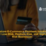 An e-commerce shopper holds a gold and dark credit card up to a laptop on a dark desk with a pair of reading glasses, a smartphone, and a glass of coffee in the background [cite: Custom E-Commerce Payment.jpg]. In the upper right corner sits the white Nationwide Payment Systems logo, and bold yellow overlay text across the lower center reads: "Custom E-Commerce Payment Solutions for Low-Risk, Medium-Risk, and Higher-Risk Businesses"
