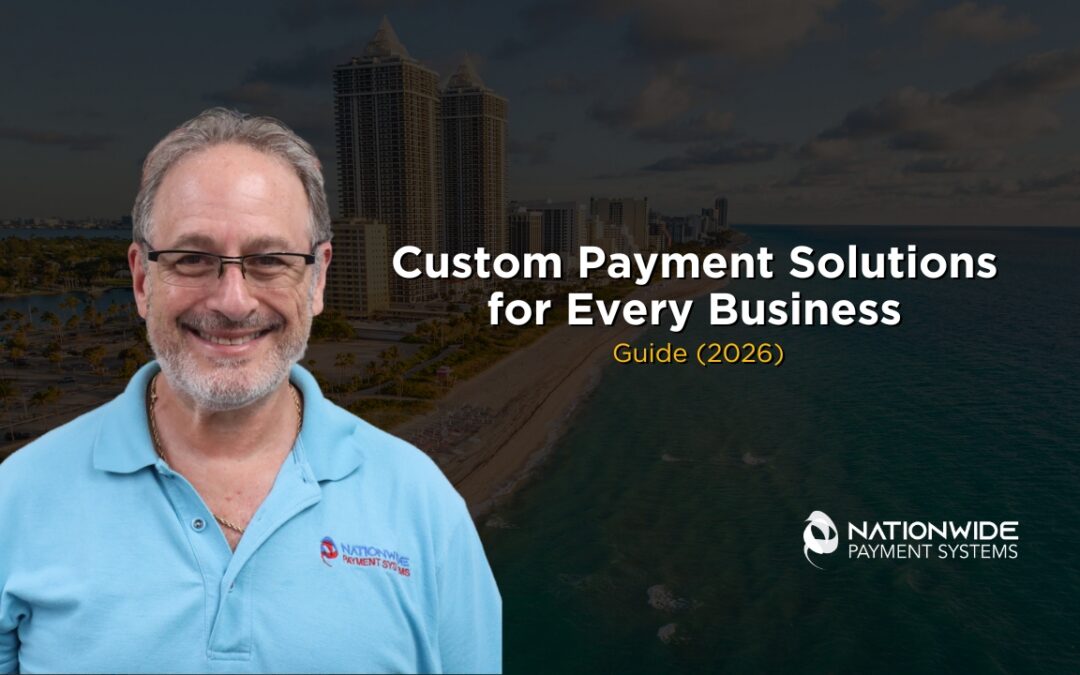 A high-authority corporate marketing graphic featuring Allen Kopelman smiling on the left, dressed in a light blue polo shirt with the Nationwide Payment Systems logo on the chest. The background shows an aerial, dim view of a Florida coastal city beach skyline with high-rise buildings and ocean water. Bold white text in the center reads "Custom Payment Solutions for Every Business," followed by "Guide (2026)" in gold lettering, with a white Nationwide Payment Systems logo placed in the bottom right corner.