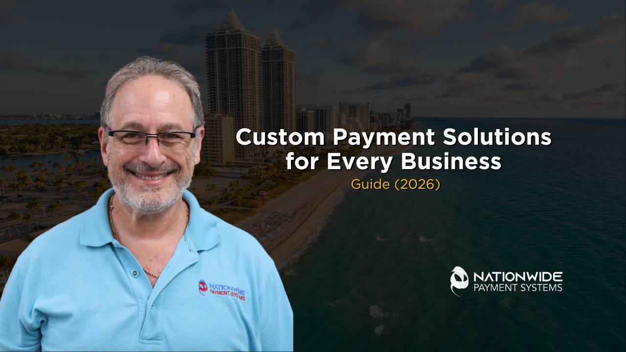 A high-authority corporate marketing graphic featuring Allen Kopelman smiling on the left, dressed in a light blue polo shirt with the Nationwide Payment Systems logo on the chest. The background shows an aerial, dim view of a Florida coastal city beach skyline with high-rise buildings and ocean water. Bold white text in the center reads "Custom Payment Solutions for Every Business," followed by "Guide (2026)" in gold lettering, with a white Nationwide Payment Systems logo placed in the bottom right corner.