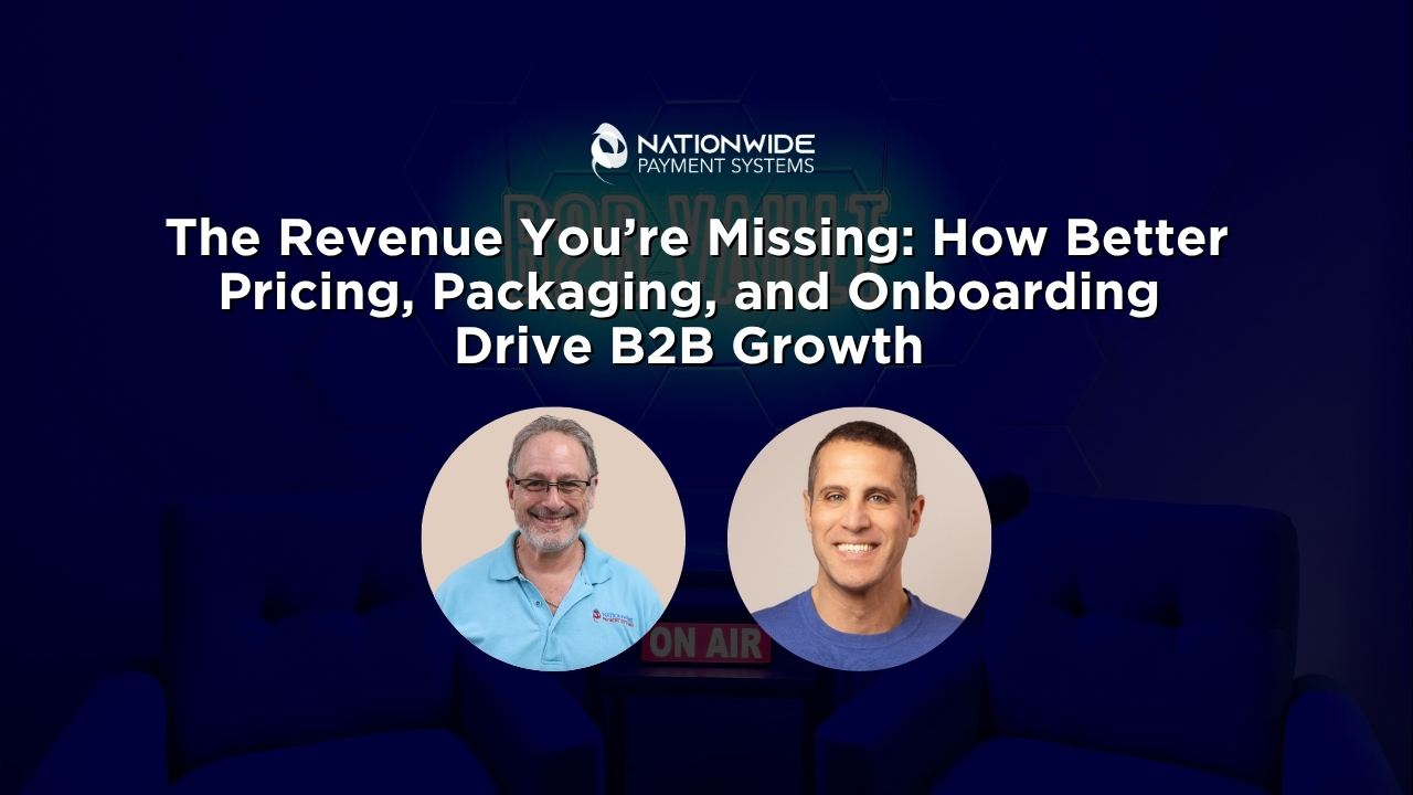 A professional B2B Vault podcast media presentation graphic set against a dark blue studio background with two empty armchairs. Bold white text across the center reads "The Revenue You’re Missing: How Better Pricing, Packaging, and Onboarding Drive B2B Growth." Below the text, the Nationwide Payment Systems logo is positioned centrally above two circular headshots: Allen Kopelman in a light blue polo shirt on the left, and Roee Hartuv, Head of GTM Expertise at Willingness to Pay, smiling in a blue t-shirt on the right. A small, glowing red "ON AIR" sign sits between them in the background.