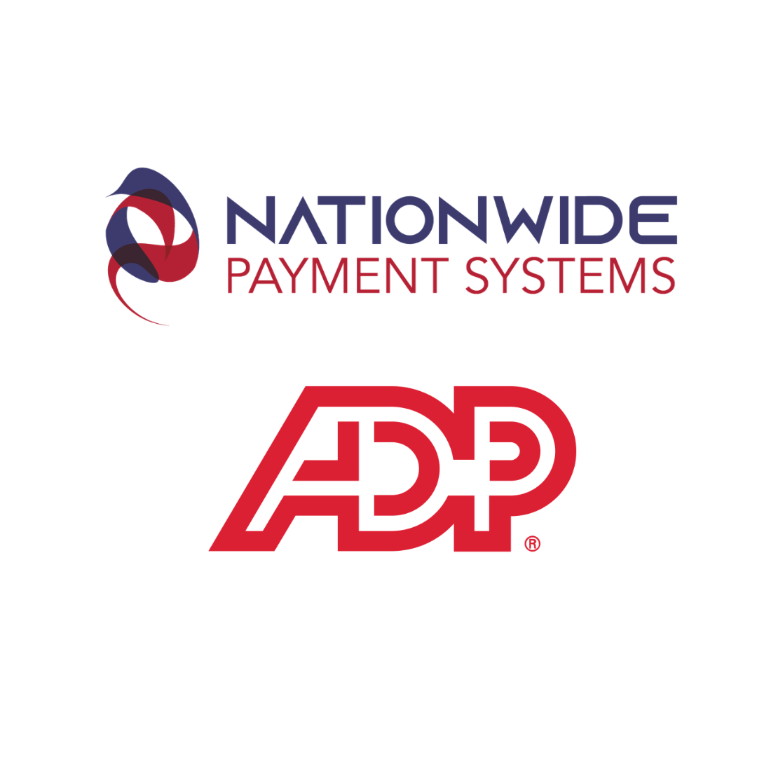 Integrated ADP Payroll, HR, and Benefits Solutions for Small Business A professional presentation graphic with a split layout. The left side features a close-up headshot of Allen Kopelman smiling, wearing wire-rimmed glasses and a light blue polo shirt with the Nationwide Payment Systems logo on the chest. The right side shows a dark background of a modern workspace with a laptop, keyboard, and phone. Overlaid bold white text reads "Small Business Payroll, HR & Benefits Solutions," with the white Nationwide Payment Systems logo centered near the bottom edge.