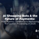 A futuristic digital graphic featuring multiple metallic, chrome humanoid robot faces looking forward against a dark, glowing circuit-board background. Overlaid bold white text in the center reads "AI Shopping Bots & the Future of Payments: How Agentic Commerce Is Reshaping Transaction Processing in 2026," with the white Nationwide Payment Systems logo positioned in the bottom right corner.