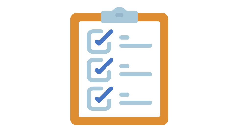 A flat-style vector graphic of an orange wooden clipboard with a light blue top clip on a soft off-white background. Attached to the clipboard is a white sheet featuring three light blue square checkboxes with bold dark blue checkmarks and horizontal lines representing a completed checklist.