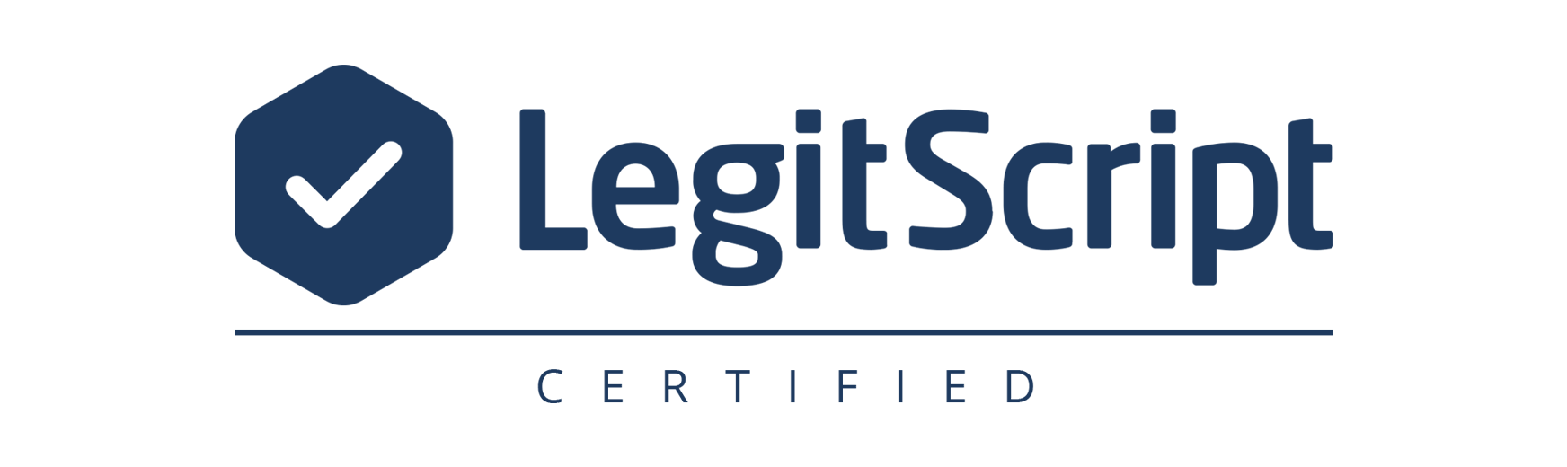 The official corporate logo for LegitScript Certification. It features a dark blue rounded hexagon icon containing a bold white checkmark on the left, next to dark blue text reading "LegitScript" with the word "CERTIFIED" centered directly underneath a thin horizontal line.