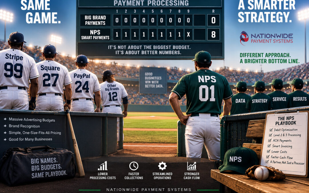 Baseball scoreboard infographic comparing NPS Smart Payments to Stripe, Square, and PayPal, highlighting debit optimization, Level 2 and 3 processing, ACH payments, and lower fees.