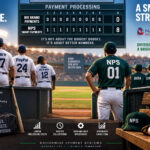 Baseball scoreboard infographic comparing NPS Smart Payments to Stripe, Square, and PayPal, highlighting debit optimization, Level 2 and 3 processing, ACH payments, and lower fees.