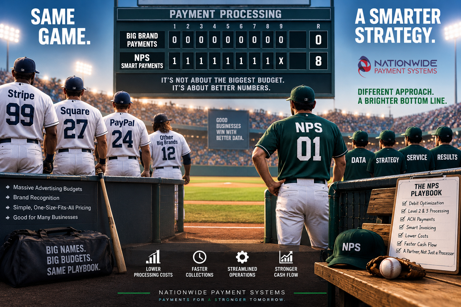 Baseball scoreboard infographic comparing NPS Smart Payments to Stripe, Square, and PayPal, highlighting debit optimization, Level 2 and 3 processing, ACH payments, and lower fees.