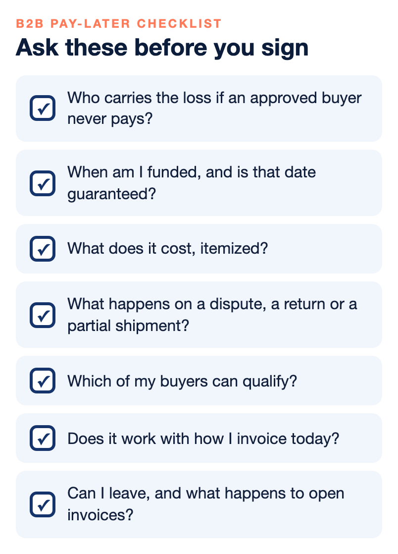 Checklist of seven questions to ask a B2B pay-later or trade-credit provider: who carries the loss if an approved buyer never pays, when you are funded, what it costs itemized, what happens on a dispute, return or partial shipment, which buyers can qualify, whether it works with how you invoice today, and whether you can leave.