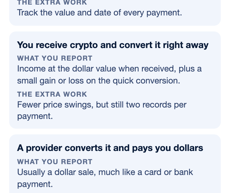 Table of three setups: keep the crypto, convert it right away, or a provider converts it and pays dollars, each with what you report and the extra work.