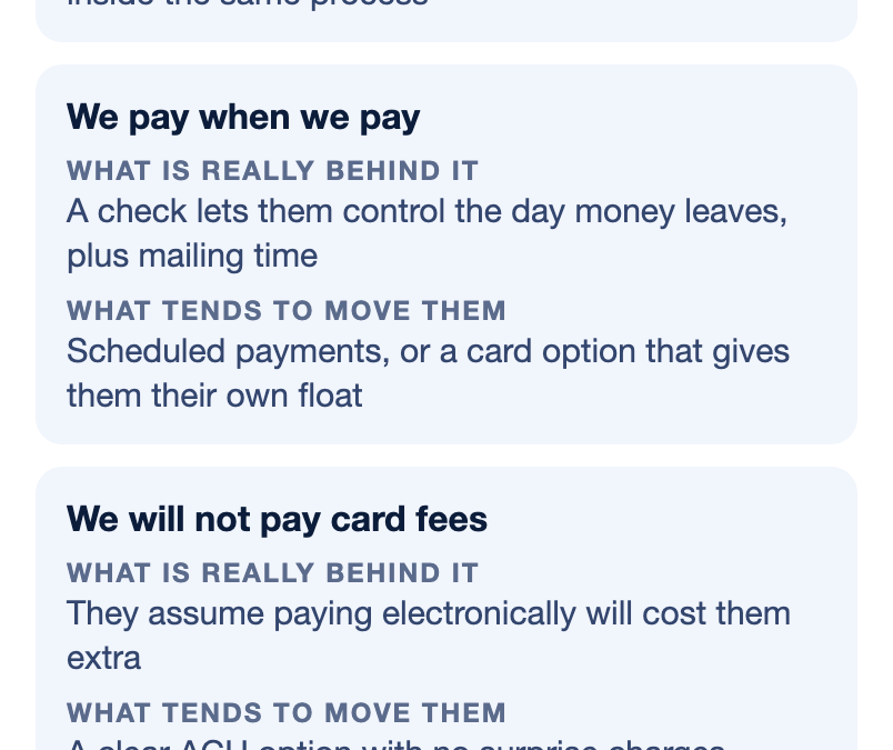 Table of four things B2B buyers say about paying by check, what is really behind each one, and what tends to move them, from 'That is how our AP works' to 'We do not give out bank details'.
